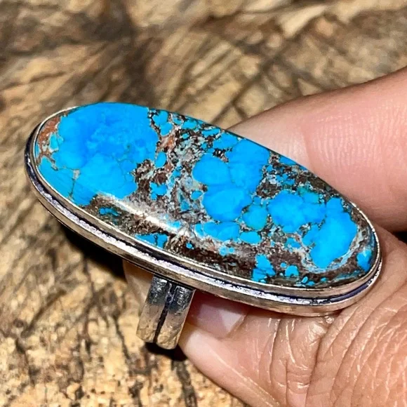 Oval Hubei Brown & Blue Turquoise Ring Size 7 - Picture 4 of 9